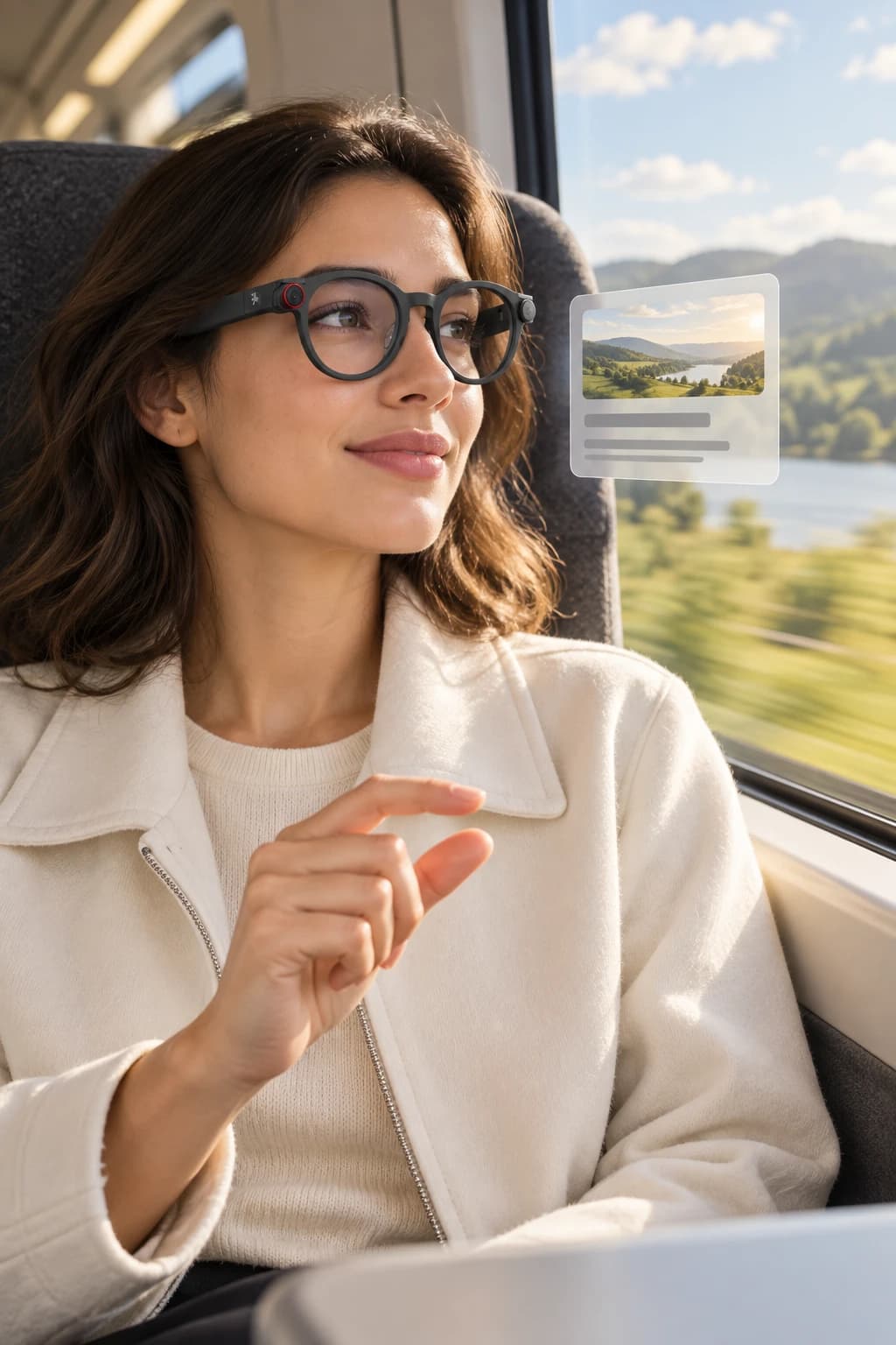Concept of wearing Savage glasses to browse news during a train journey